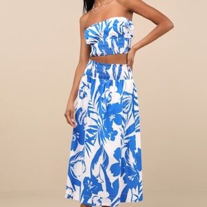 Lulus Luana Blue And White Floral High-rise Midi Skirt - Size M